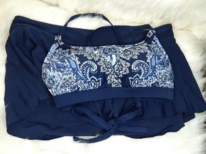 Women's Kona Sol Swimsuit 2 Piece Paisley Blue Skirt  L/D-DD